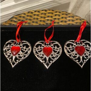 LENOX Bejeweled Silver Plated Red Heart Christmas Ornaments 3🎄